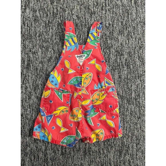 Vintage OshKosh B'Gosh Fish Print Short Overalls 24 Months Red - Picture 4 of 5